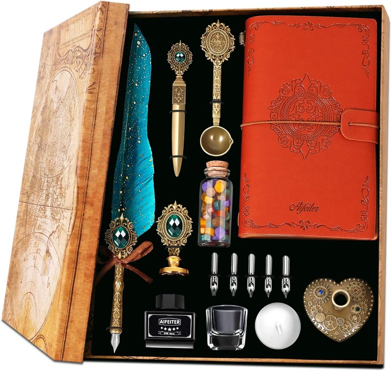 Aifeiter Quill Pen and Ink Set, Feather Calligraphy Set With Wax Seal Stamp, Notebook - Beautiful Gift for Christmas - Green - Image 1